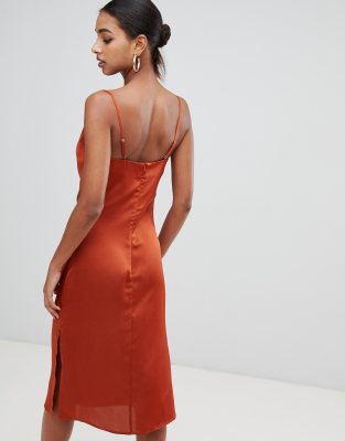 missguided strappy cowl midi satin dress in rust