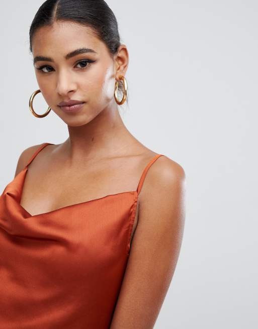 Missguided Strappy Cowl Midi Satin Dress in Orange