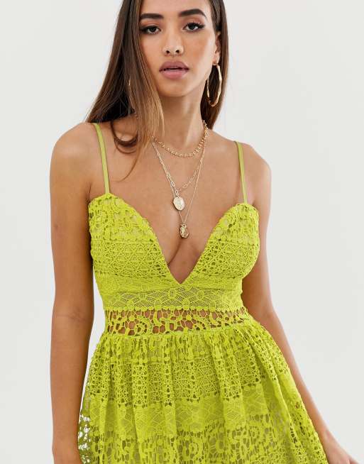 Missguided strappy lace tiered midi dress in yellow