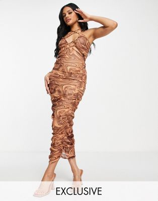 Missguided strappy mesh midaxi dress in brown marble