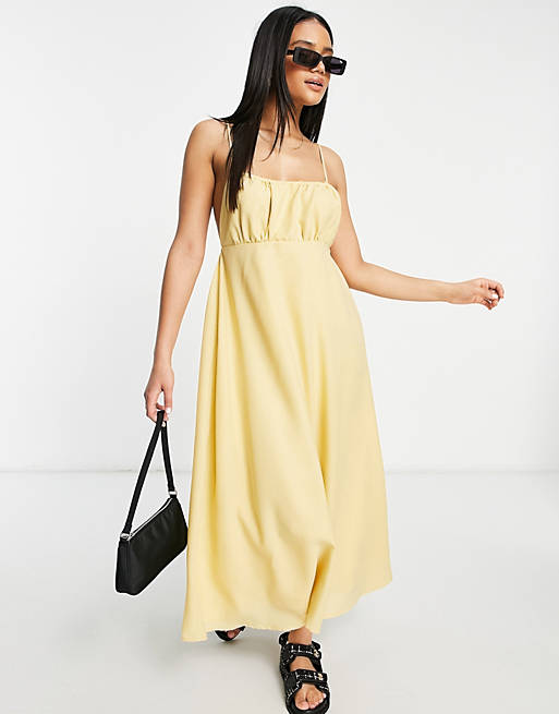 Missguided strappy midi dress with gathered bust in yellow