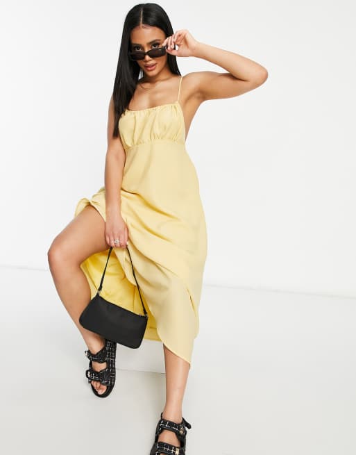 Missguided strappy midi dress with gathered bust in yellow