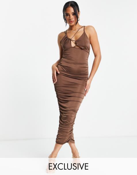 Missguided strappy ruched midi dress with cut out detail in brown - view 1