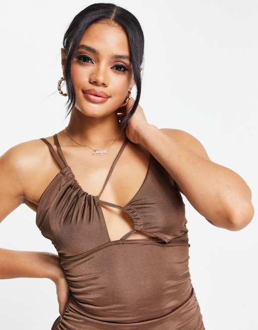 MISSGUIDED Strap Drape Satin Midi Dress in Brown UK 16 US 12 EUR 44  (MSGD26-9.1)