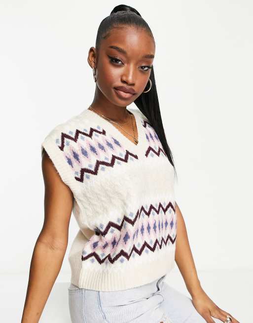 Missguided - Strikket vest med Fair Isle-mønster i cremehvid