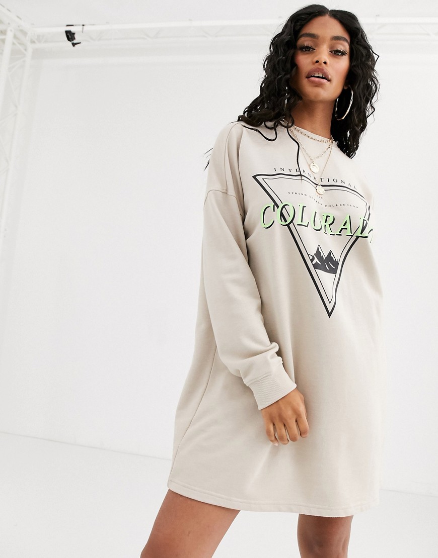 Missguided sweat dress with Colorado slogan in stone-Neutral