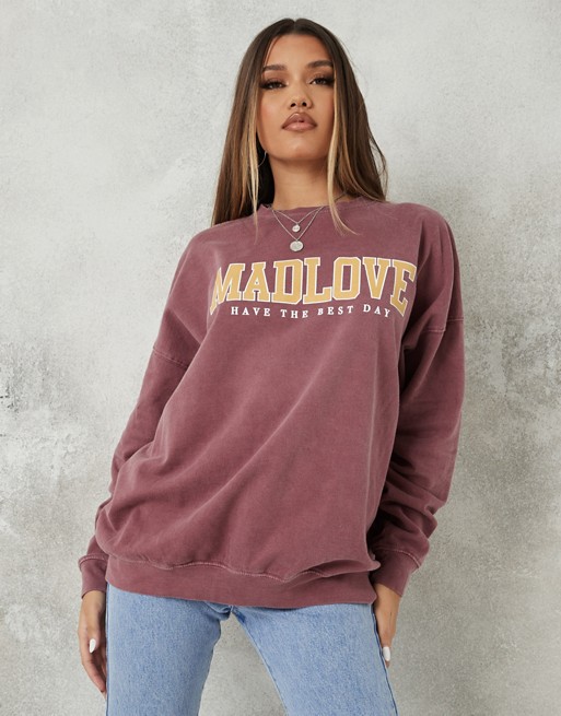 Missguided sweatshirt with madlove graphic in washed red