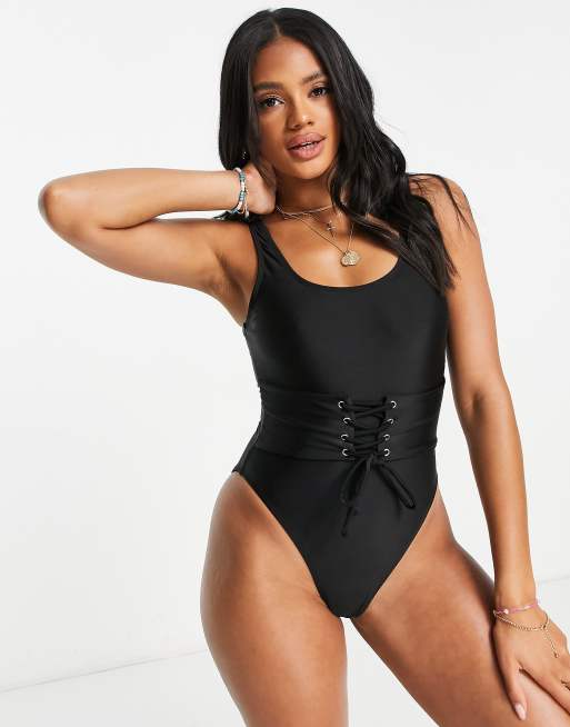 Missguided swimsuit with corset detail in black