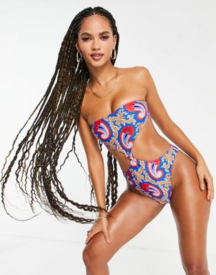Missguided swimsuit with knot front in blue scarf print