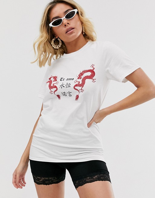 Missguided t-shirt with dragon motif in white