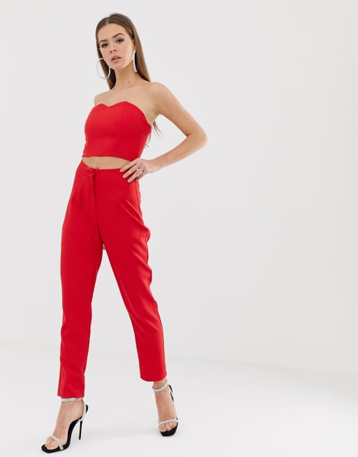 Red High Rise Cigarette Fit Pants