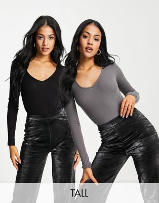 Missguided Tall 2 pack v neck ribbed bodysuit in grey & black