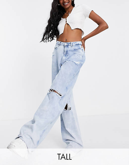 Missguided Tall 90's wide leg dad jeans with ripped knee in blue