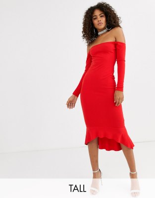 bardot fishtail midi dress