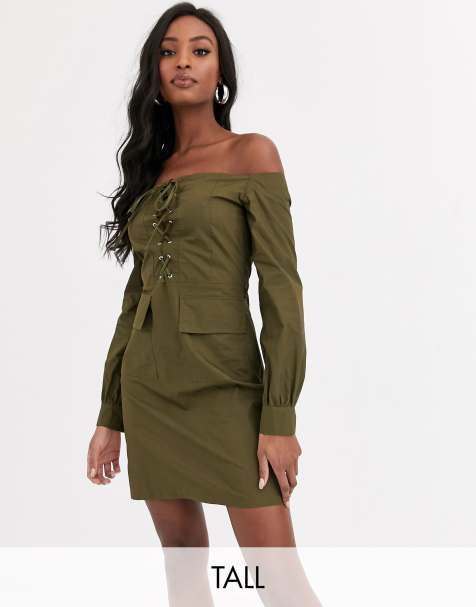 Missguided Tall – Bardot-Kleid zum Schnüren in Khaki