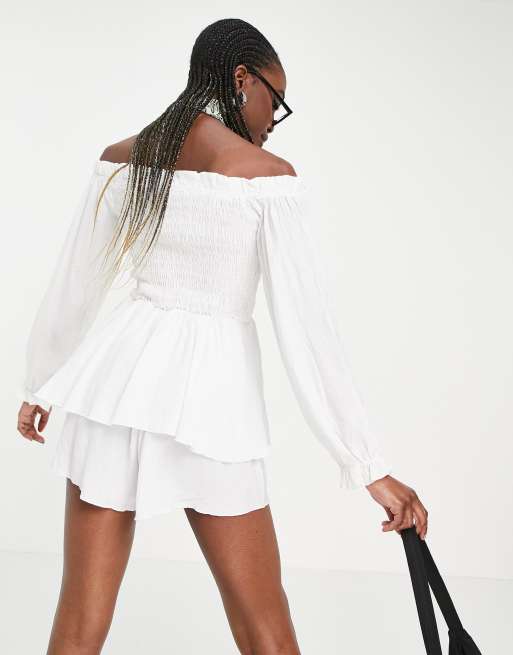 Missguided Tall bardot shirred playsuit with frill detail in white, 2 of 4