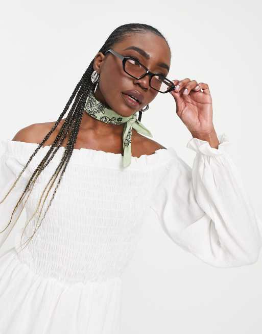 Missguided Tall bardot shirred playsuit with frill detail in white, 3 of 4
