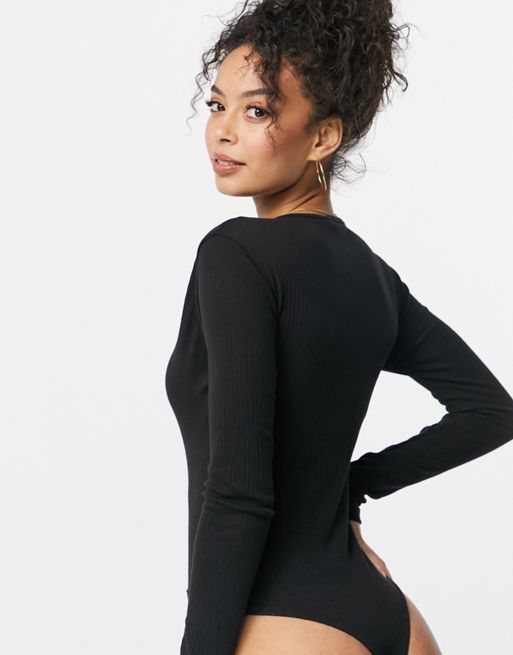 Missguided Tall basic ribbed long sleeve bodysuit with button front in black