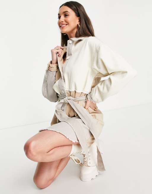 Missguided Tall – Beige, lapptäcksmönstrad skjortklänning med skärp, 3 av 4