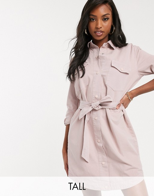 Missguided Tall belted denim dress in blush
