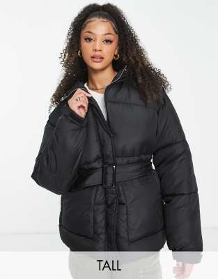 Missguided Tall belted hooded puffer jacket in black-Neutral φωτογραφία