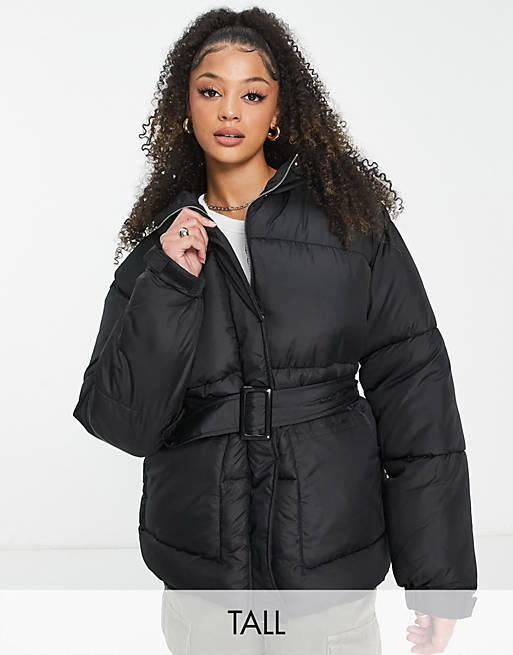 Missguided Tall belted hooded puffer jacket in black