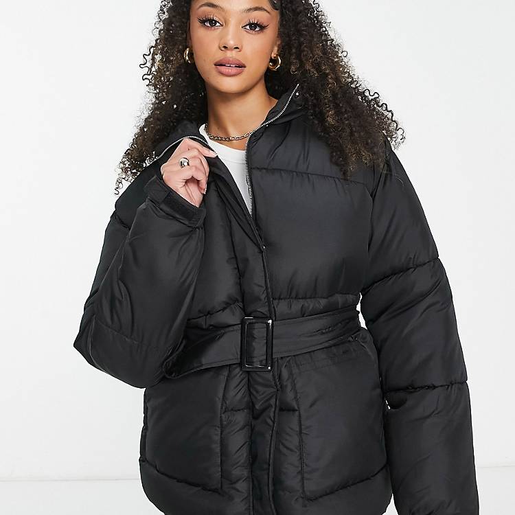 Missguided Tall belted hooded puffer jacket in black