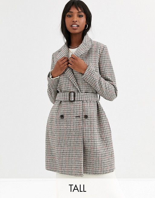 Missguided Tall belted trench coat in check print