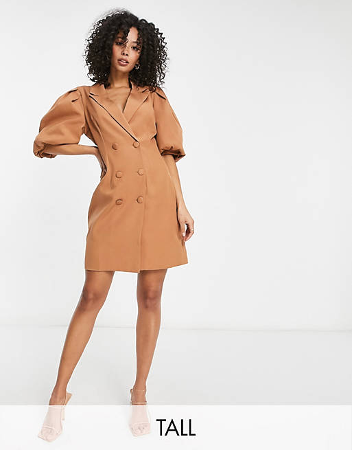 Missguided Tall blazer dress with puff sleeve in camel