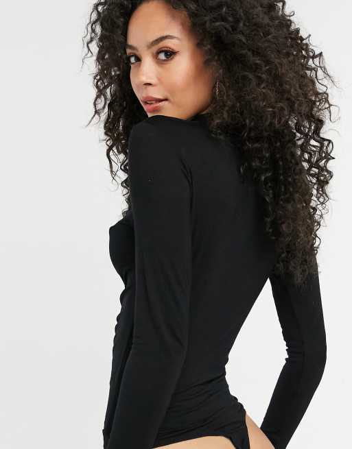 Missguided Tall - Body a maniche lunghe con arricciatura sul davanti nero, 2 di 4