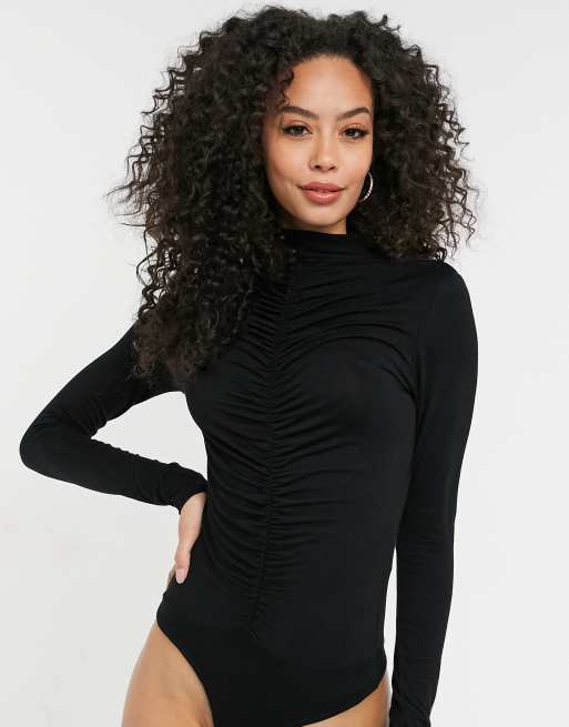 Missguided Tall - Body a maniche lunghe con arricciatura sul davanti nero, 3 di 4