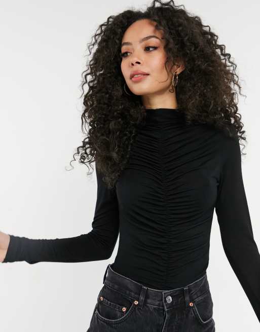 Missguided Tall - Body a maniche lunghe con arricciatura sul davanti nero, 4 di 4