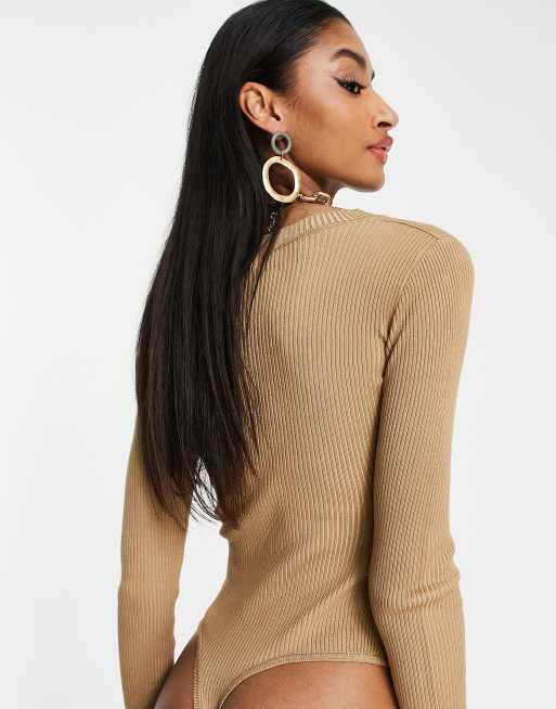 Missguided Tall - Body en maille côtelée avec col en V - Fauve, 2 de 4