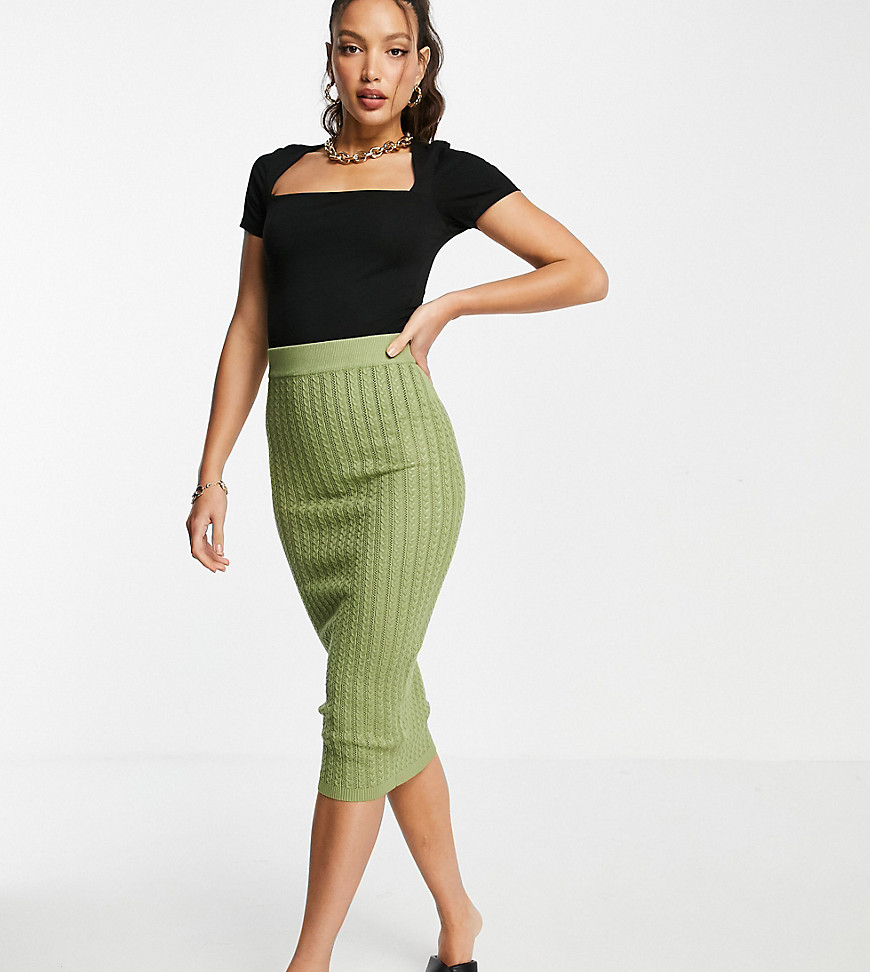Missguided Tall cable knit skirt in khaki-Green