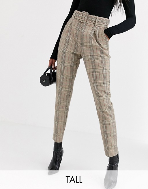 Missguided Tall check belted cigarette trouser in brown