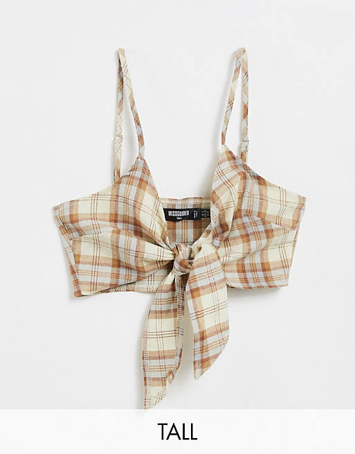 Missguided Tall co-ord bralet with tie detail in brown check