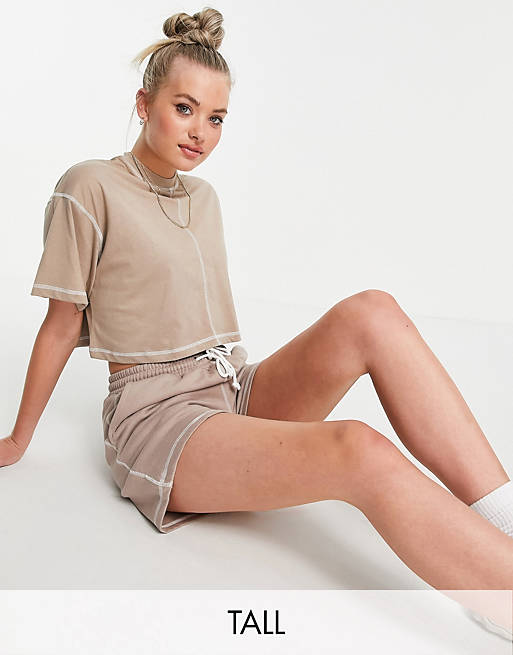 Missguided Tall co-ord crop t-shirt with contrast stitch in brown
