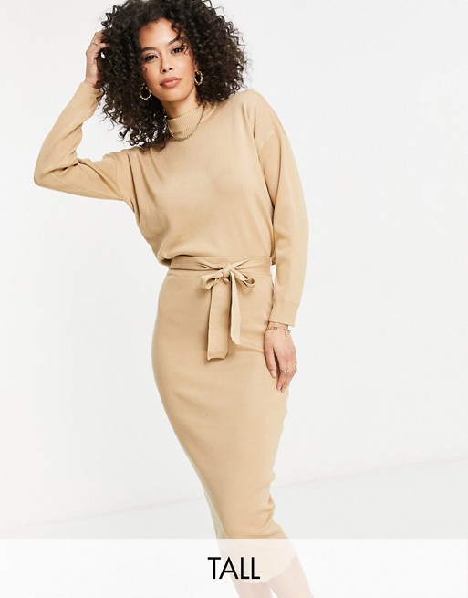 Missguided Tall co-ord knitted midi skirt with tie waist in brown