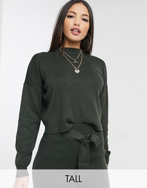Missguided Tall co-ord knitted roll neck crop jumper in dark khaki