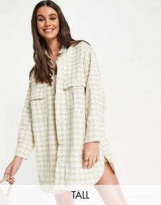 Missguided Tall co-ord oversized shirt in beige houndstooth