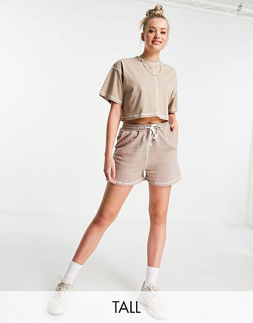 Missguided Tall co-ord runner short with contrast stitch in brown