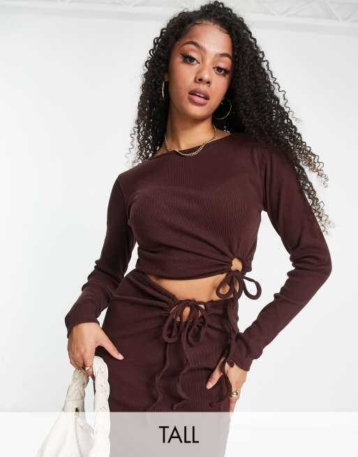 Missguided Tall co-ord side tie long sleeve top in brown