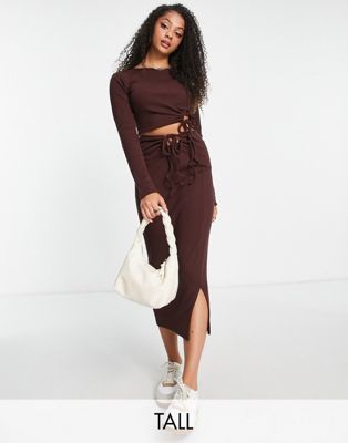 Missguided Tall co-ord side tie midaxi skirt in brown