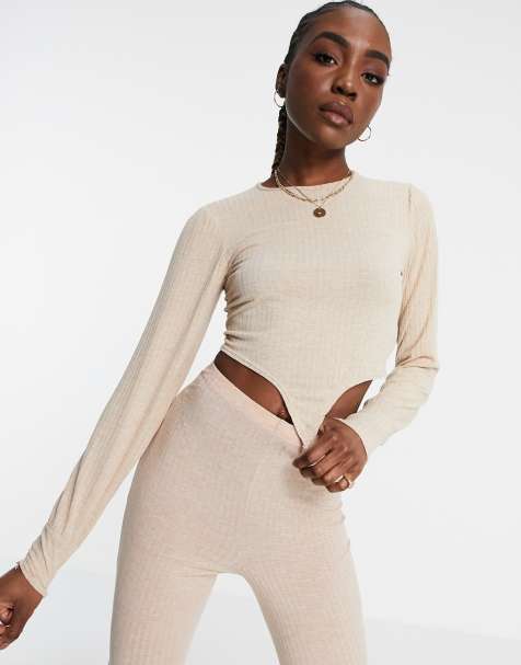 Missguided Tall co-ord tie front top with balloon sleeve in brown