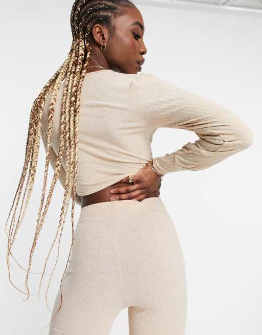 Missguided Tall co-ord tie front top with balloon sleeve in brown, 2 of 4