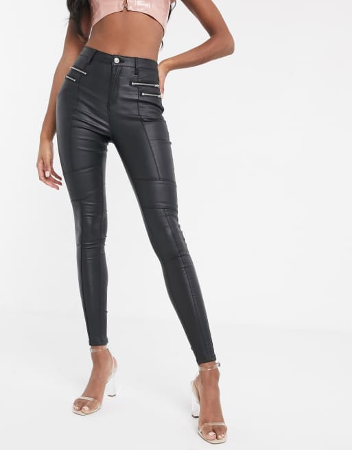 Missguided Tall coated vice skinny jeans in black with zip details