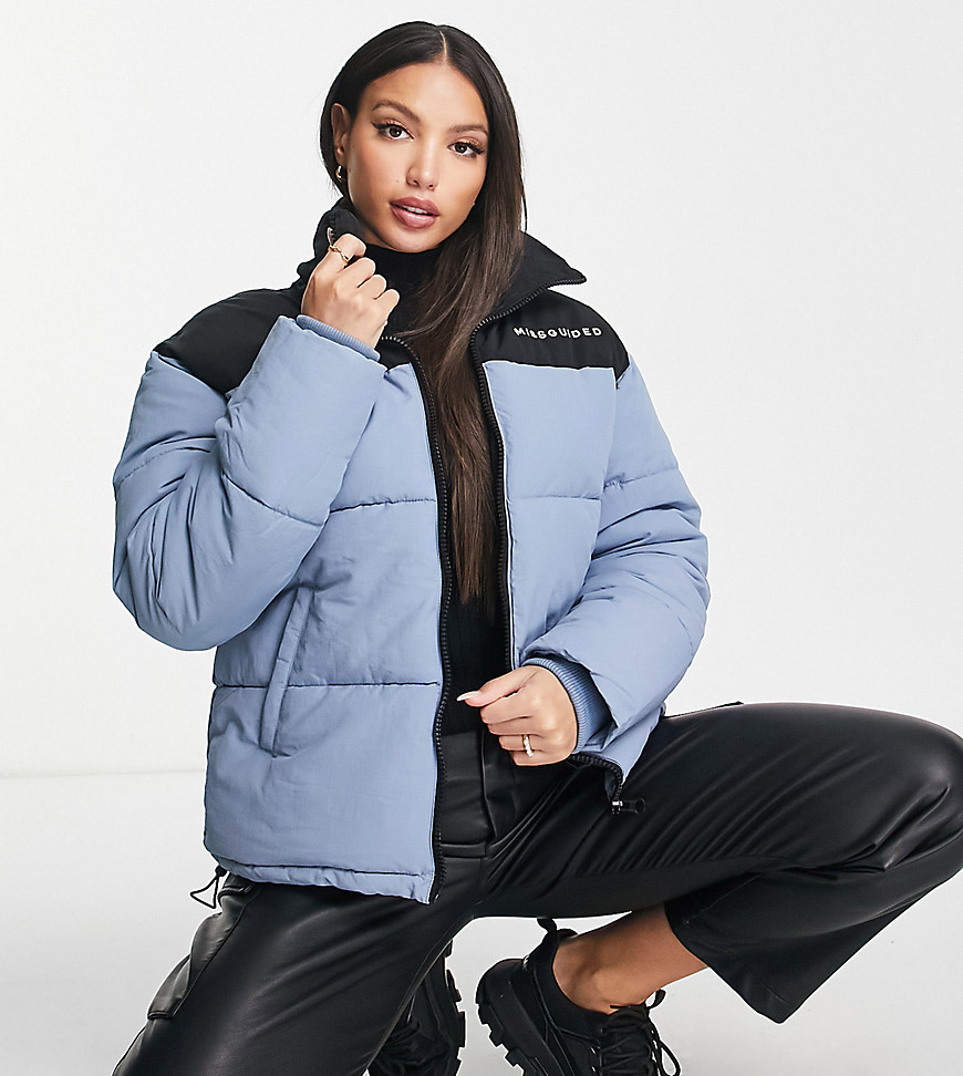 color block puffer jacket in blue