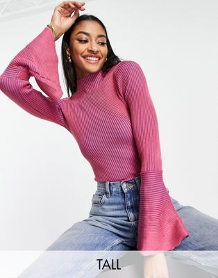 Missguided Tall contrast knit flare sleeve body in pink