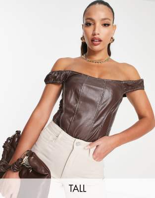 Missguided Tall contrast stitch faux leather bodysuit in brown - ASOS Price Checker