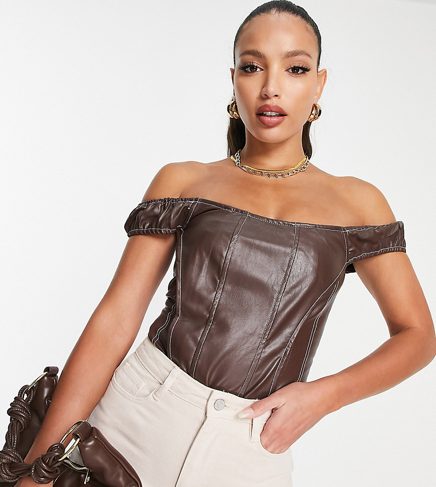 Missguided Tall contrast stitch faux leather bodysuit in brown